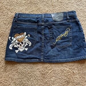 Vintage Ed Hardy Denim Mini Skirt Wit Skull Appliqué "Love Kills Slowly" Size 32
